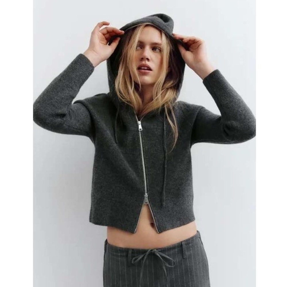 Zara Gray Knit Full Zip Hoodie Loungewear Minimalist Coquette Soft Girl Utility